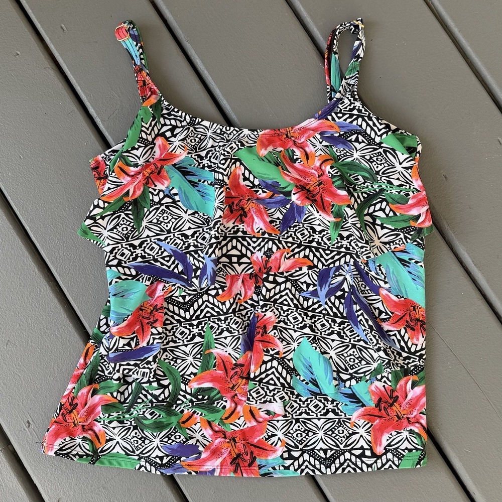 BB Tropics Vintage‎ Y2K Women's Tankini Swim Top 16 Floral Tribal Print Resort